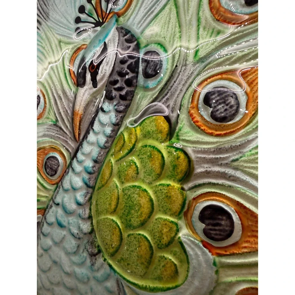 Pier One Reverse Painting‎ Peacock Textured Glass Wall Art Plaque Hanging Decor